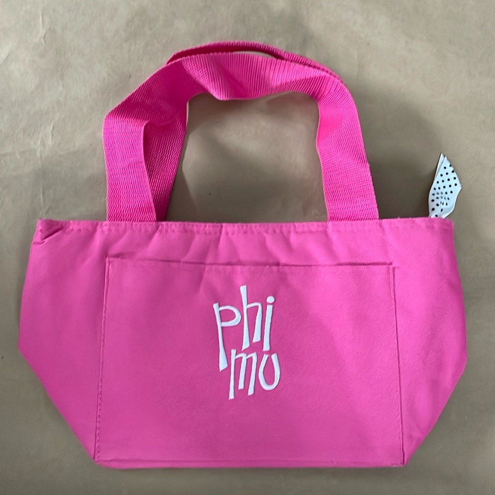 Phi Mu hot pink insulated cooler lunch tote with white embroidered Phi Mu